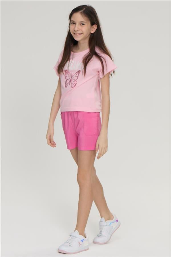Chester Polo 32430 Kız Çocuk Penye Baskılı  Bisiklet Yaka  T-shirt 4-12 Yaş Pembe