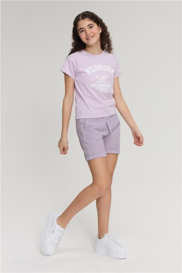 Chester Polo 32467 Kız Çocuk Penye Baskılı Bisiklet Yaka T-shirt 4-12 Yaş Leylak