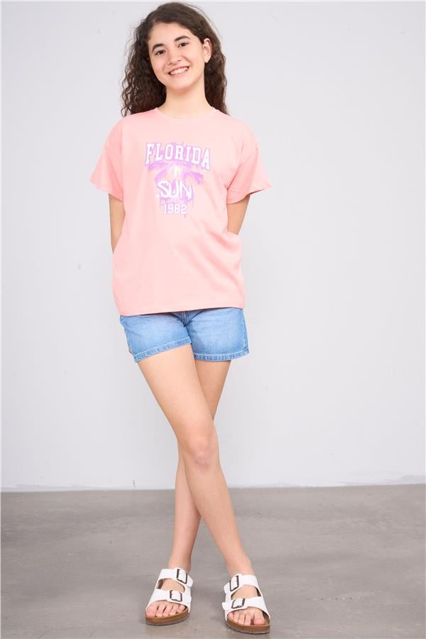 Chester Polo 32468 Kız Çocuk Penye Baskılı Bisiklet Yaka T-shirt 4-12 Yaş Kayısı