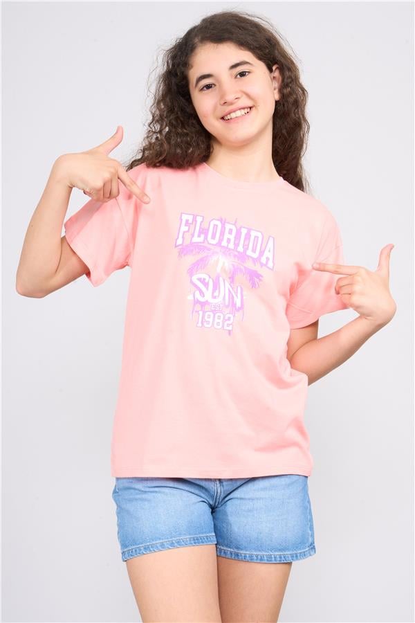 Chester Polo 32468 Kız Çocuk Penye Baskılı Bisiklet Yaka T-shirt 4-12 Yaş Kayısı