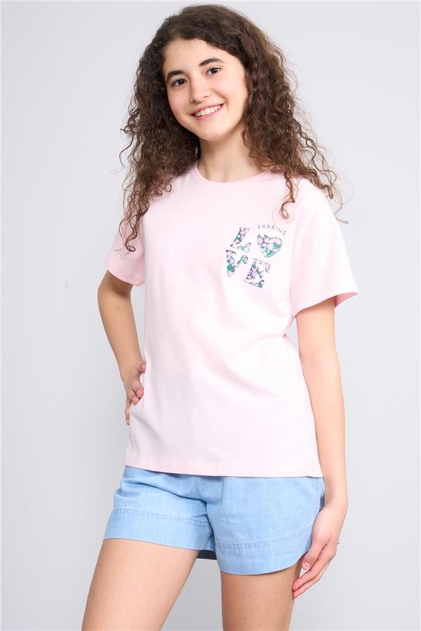 Chester Polo 32555 Kız Çocuk Penye Baskılı Bisiklet Yaka T-shirt 4-12 Yaş Şerbet Pembe