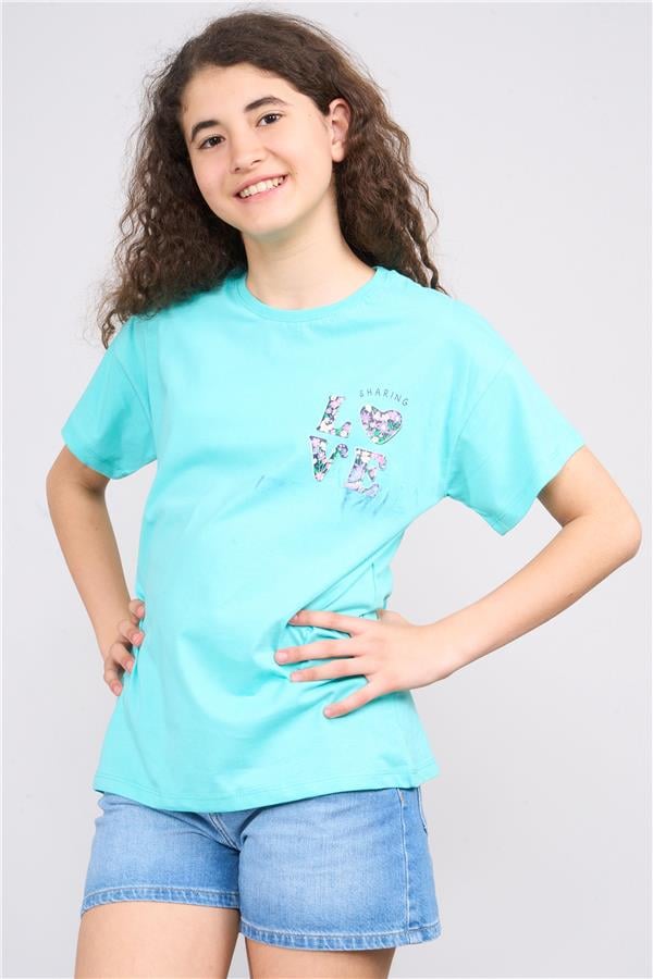 Chester Polo 32555 Kız Çocuk Penye Baskılı Bisiklet Yaka T-shirt 4-12 Yaş Sudaki Huşu