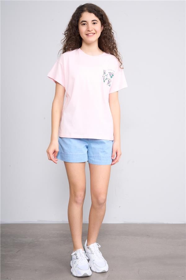 Chester Polo 32555 Kız Çocuk Penye Baskılı Bisiklet Yaka T-shirt 4-12 Yaş Şerbet Pembe