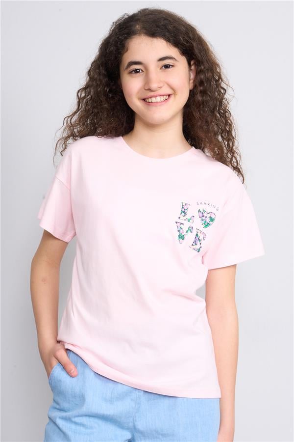 Chester Polo 32555 Kız Çocuk Penye Baskılı Bisiklet Yaka T-shirt 4-12 Yaş Şerbet Pembe