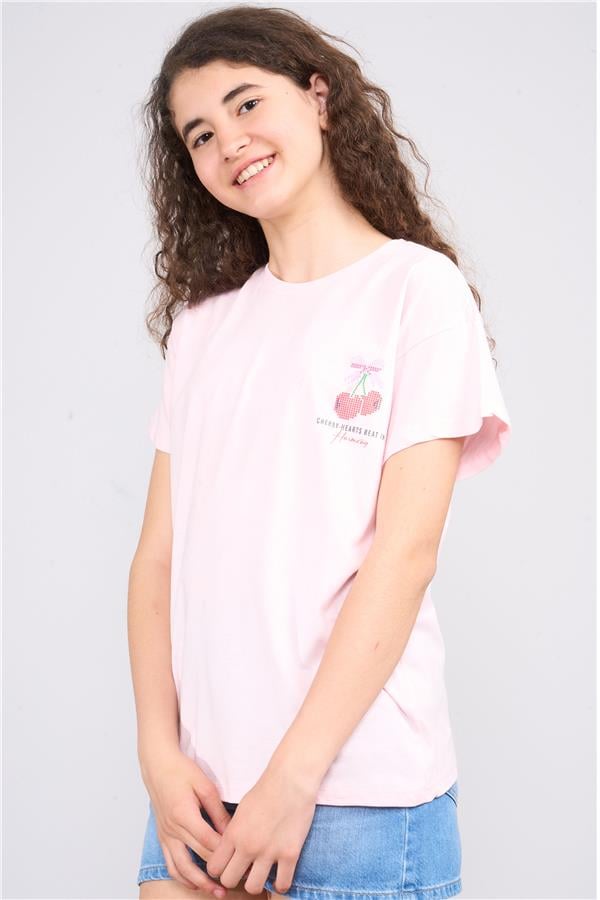 Chester Polo 32556 Kız Çocuk Penye Baskılı Bisiklet Yaka T-shirt 4-12 Yaş Şerbet Pembe