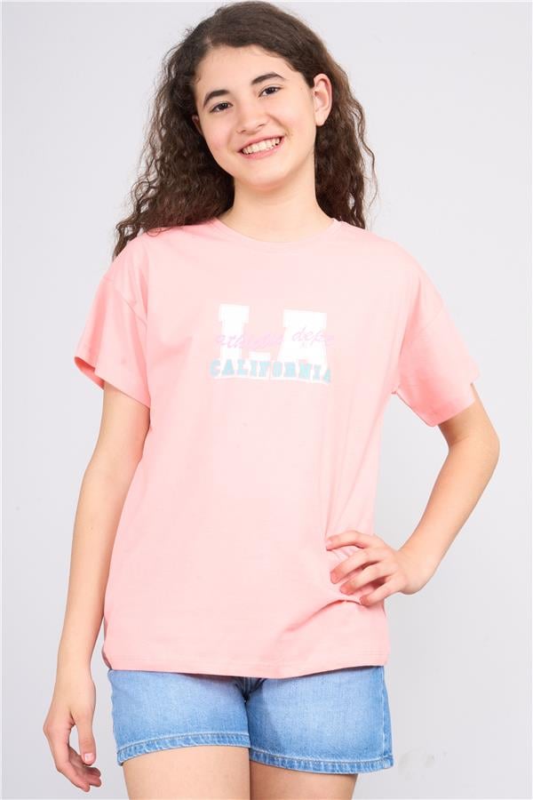 Chester Polo 32558 Kız Çocuk Penye Baskılı Bisiklet Yaka T-shirt 4-12 Yaş Açık Somon