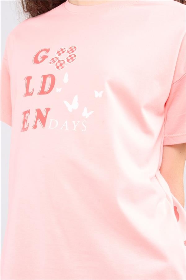 Chester Polo 32559 Kız Çocuk Penye Baskılı Bisiklet Yaka T-shirt 4-12 Yaş Nar Çiçeği