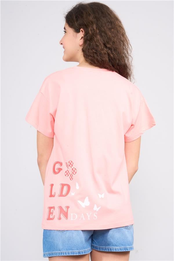 Chester Polo 32559 Kız Çocuk Penye Baskılı Bisiklet Yaka T-shirt 4-12 Yaş Nar Çiçeği