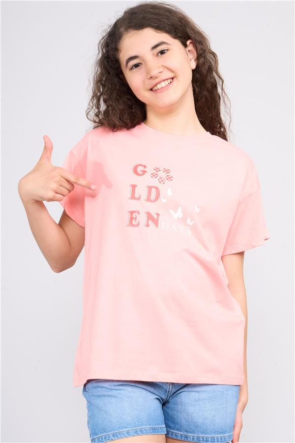 Chester Polo 32559 Kız Çocuk Penye Baskılı Bisiklet Yaka T-shirt 4-12 Yaş Nar Çiçeği