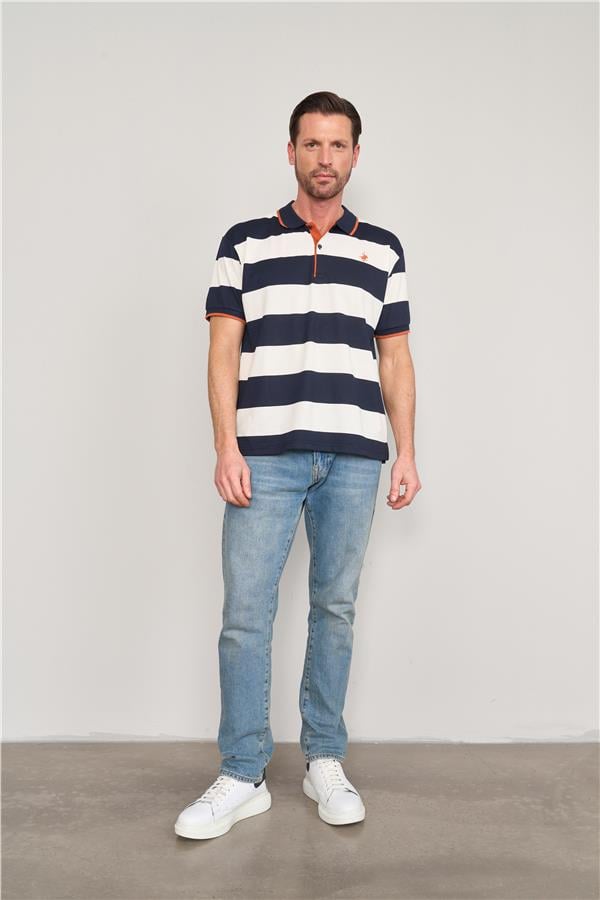Chester Polo 4111 Erkek Polo Yaka 30/1 Ringelli Pike T-shirt Lacivert-Beyaz