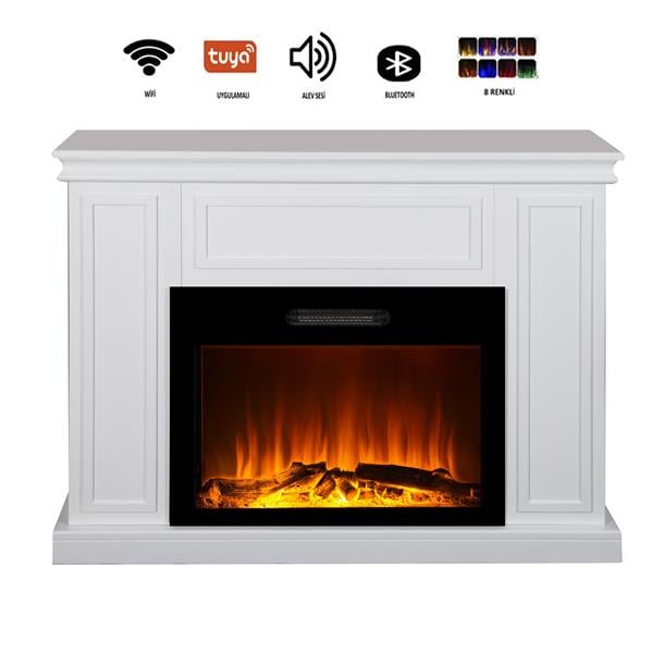 Tektes Elektrikli Şömine Kasalı 118cm Kasalı 8 Renkli Alev Sesli Bluetoothlu Wifi Uygulamalı