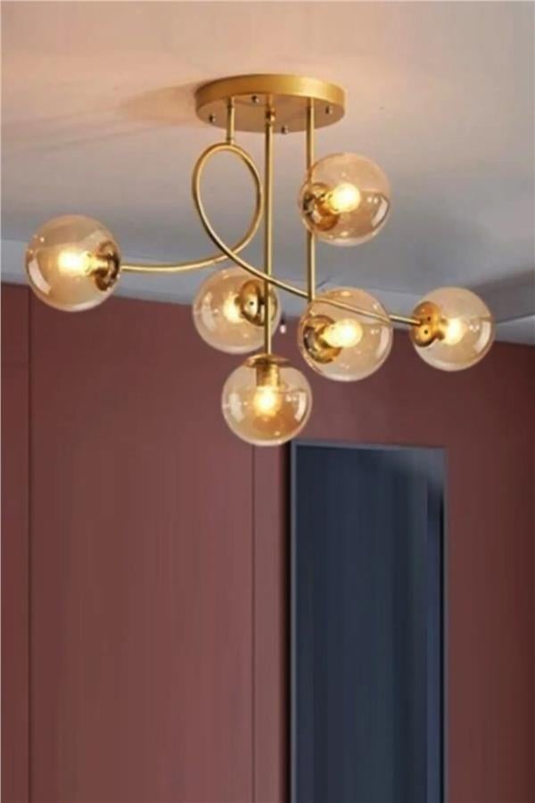 Taşcan Avize Evan 6 Lı Gold Bal Camlı Plafonyer Avize