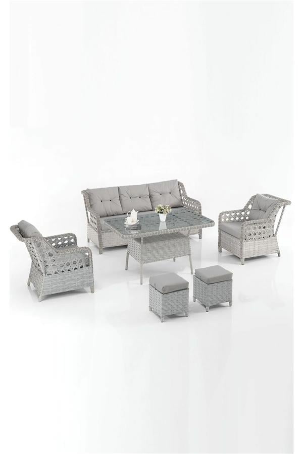Evdemo Eren Rattan Puflu Bahçe Balkon Takımı 3+1+1 Gri