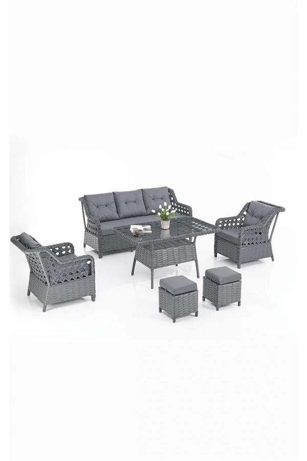 Evdemo Eren Rattan Puflu Bahçe Balkon Takımı 3+1+1 Antrasit