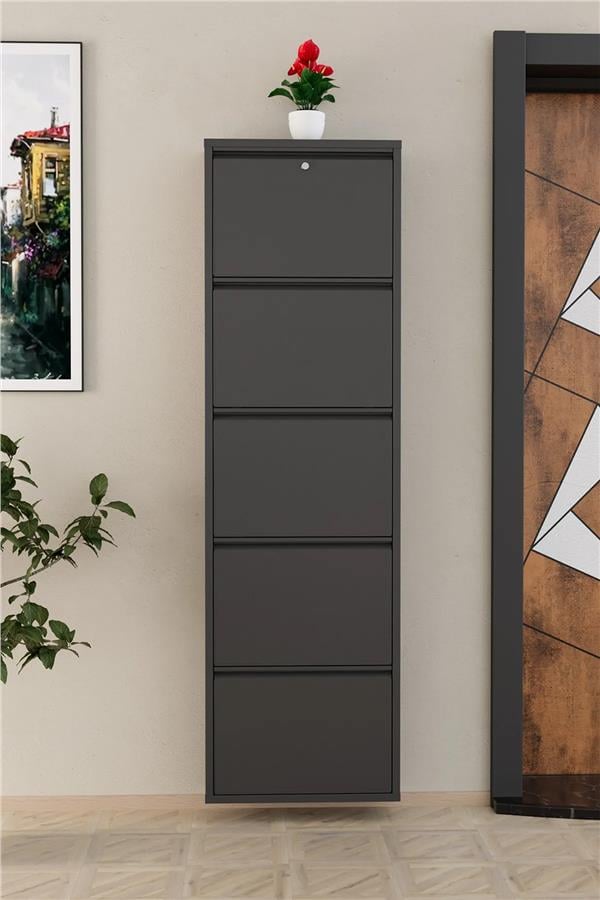 Evdemo Kilitli 5 Kapaklı Metal Ayakkabılık Antrasit