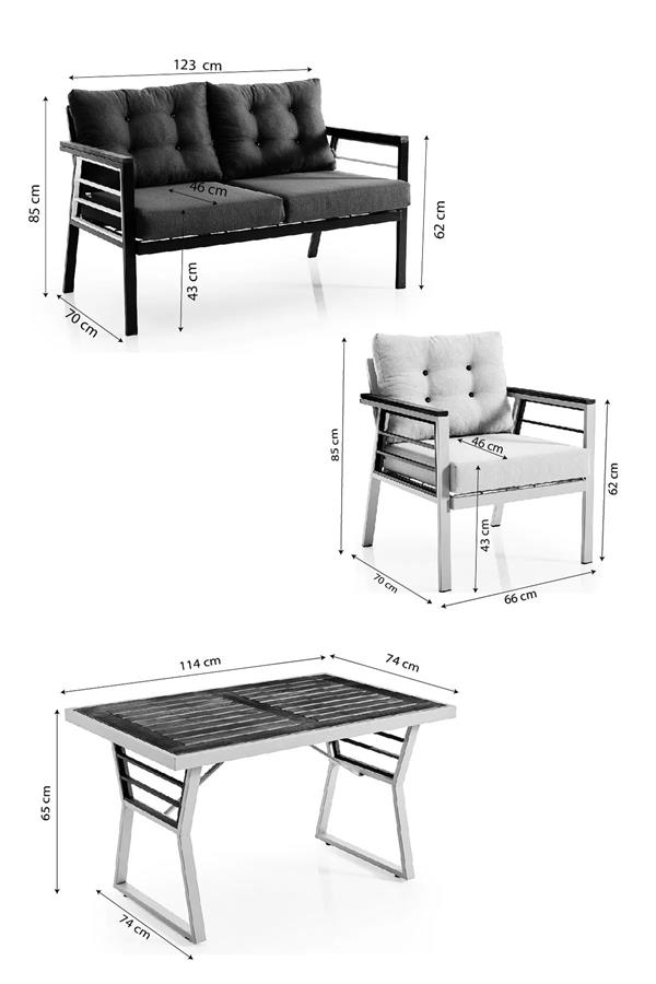Evdemo Lara Metal Bahçe Balkon Takımı 2+1+1+Ahşap Masa Antrasit