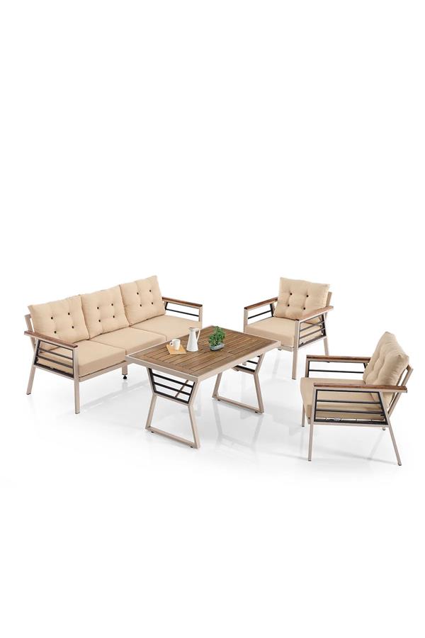 Evdemo Lara Metal Puflu Bahçe Balkon Takımı 3+1+1+Ahşap Masa Cappuccino