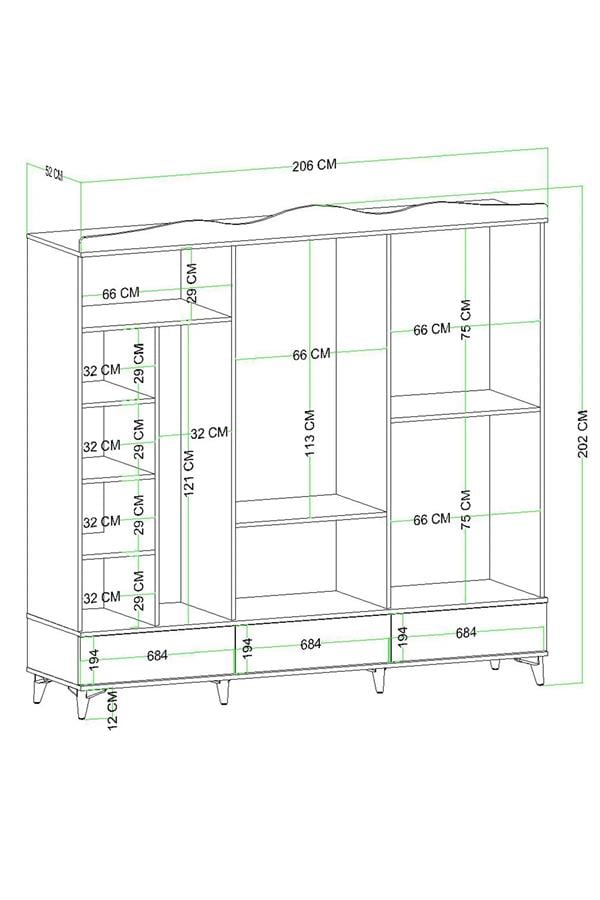 Evdemo Luna 6 Kapaklı 3 Çekmeceli Aynalı Gardırop Beyaz