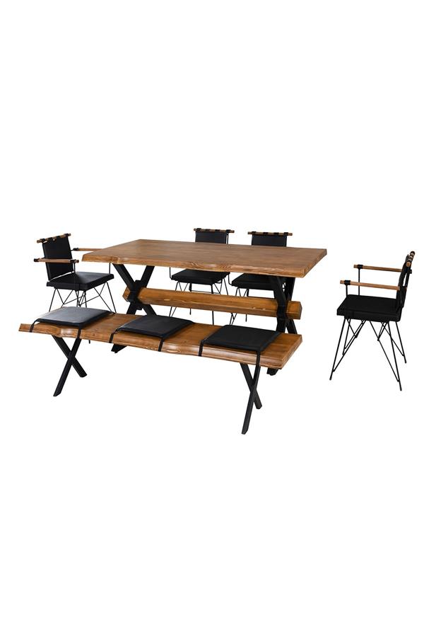 Eymense Koza Ladin Ahşap 4 Sandalyeli Benchli Yemek Masa Takımı Ceviz