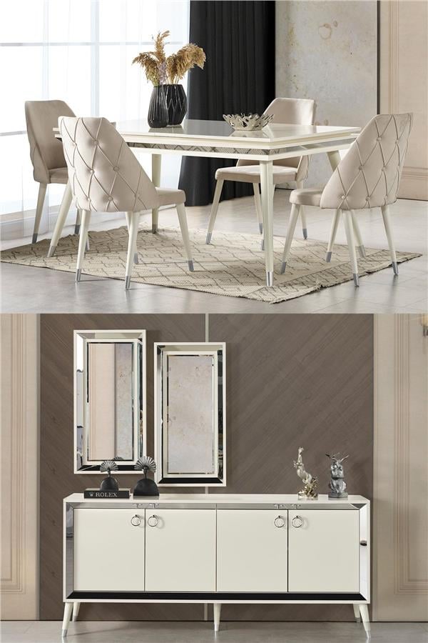 Eymense Lotus Yemek Odası Takımı Silver Beyaz Silver