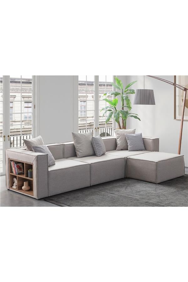 Eymense Soft Kitaplıklı 4 Modül Modüler Köşe Koltuk Takımı Keten Krem Krem