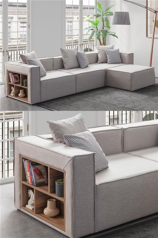 Eymense Soft Kitaplıklı 4 Modül Modüler Köşe Koltuk Takımı Keten Krem Krem