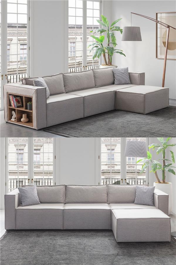 Eymense Soft Sırt Minderli Kitaplıklı 4 Modül Modüler Köşe Koltuk Takımı Keten Açık Gri