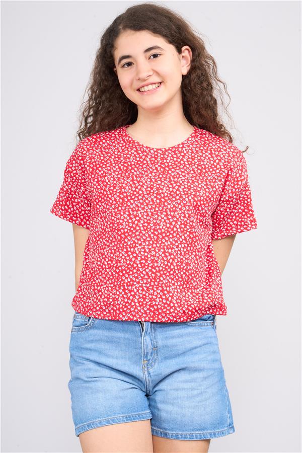 Fit Club 31203 Kız Çocuk Bisiklet Yaka Bürümcük Crop T-shirt 4-12 Yaş Kırmızı Üzeri Çıtır Çiçekler