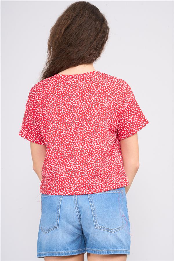 Fit Club 31203 Kız Çocuk Bisiklet Yaka Bürümcük Crop T-shirt 4-12 Yaş Kırmızı Üzeri Çıtır Çiçekler