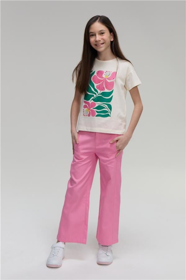 Fit Club 32303 Kız Çocuk Bisiklet Yaka Openend Baskılı T-shirt 4-12 Yaş Ekru
