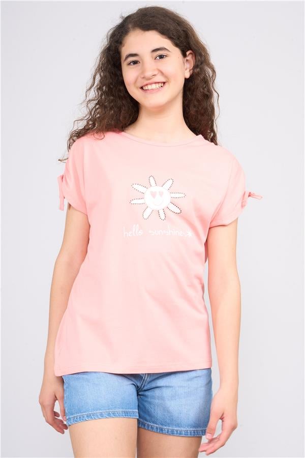 Fit Club 32349 Kız Çocuk Bisiklet Yaka Penye Baskılı T-shirt 4-12 Yaş Açık Somon