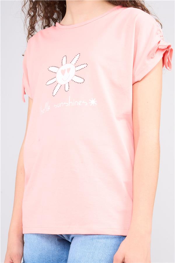 Fit Club 32349 Kız Çocuk Bisiklet Yaka Penye Baskılı T-shirt 4-12 Yaş Açık Somon