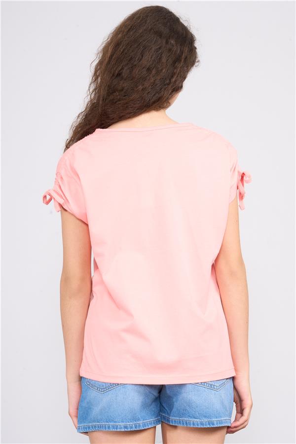 Fit Club 32349 Kız Çocuk Bisiklet Yaka Penye Baskılı T-shirt 4-12 Yaş Açık Somon