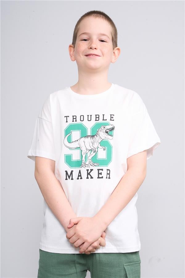 Fit Club 32358 Erkek Çocuk Bisiklet Yaka Openend Baskılı T-shirt 4-12 Yaş Ekru