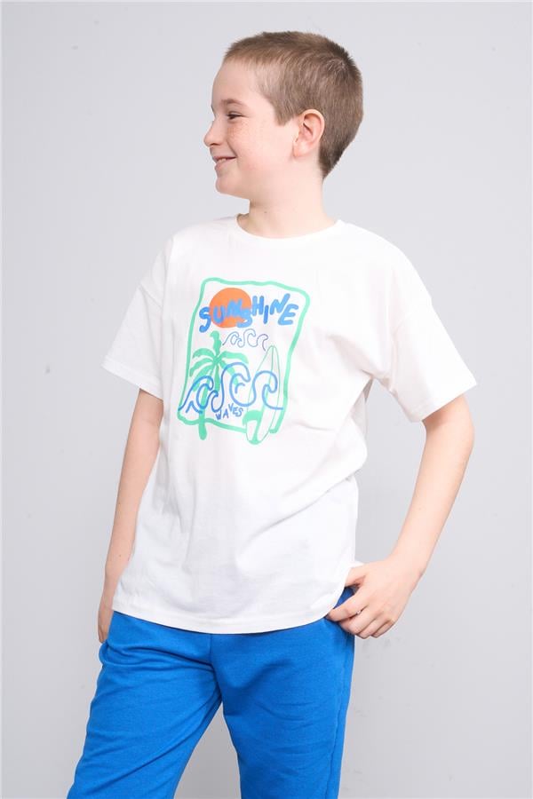 Fit Club 32371 Erkek Çocuk Bisiklet Yaka Openend Baskılı T-shirt 4-12 Yaş Ekru