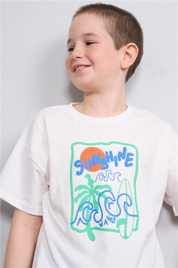 Fit Club 32371 Erkek Çocuk Bisiklet Yaka Openend Baskılı T-shirt 4-12 Yaş Ekru