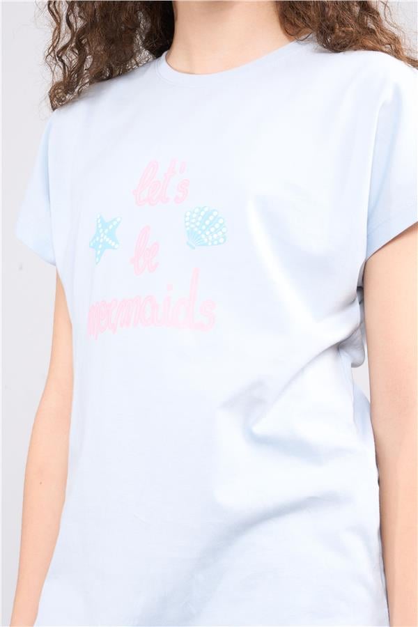 Fit Club 32380 Kız Çocuk Bisiklet Yaka Süprem Baskılı T-shirt 4-12 Yaş Buz Mavi