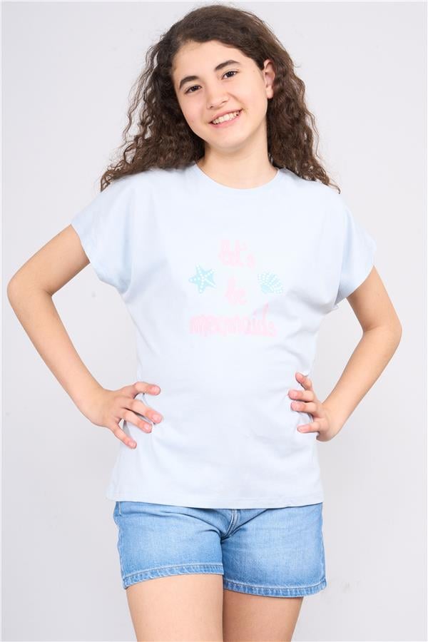 Fit Club 32380 Kız Çocuk Bisiklet Yaka Süprem Baskılı T-shirt 4-12 Yaş Buz Mavi