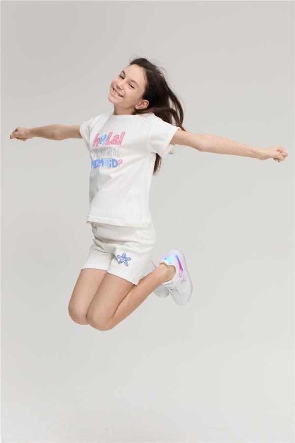 Fit Club 32381 Kız Çocuk Bisiklet Yaka Penye Baskılı T-shirt 4-12 Yaş Bio Nane