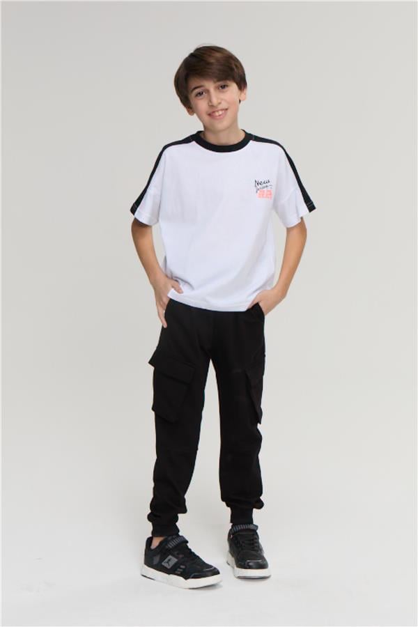 Fit Club 32393 Erkek Çocuk Bisiklet Yaka Penye Baskılı T-shirt 4-12 Yaş Beyaz