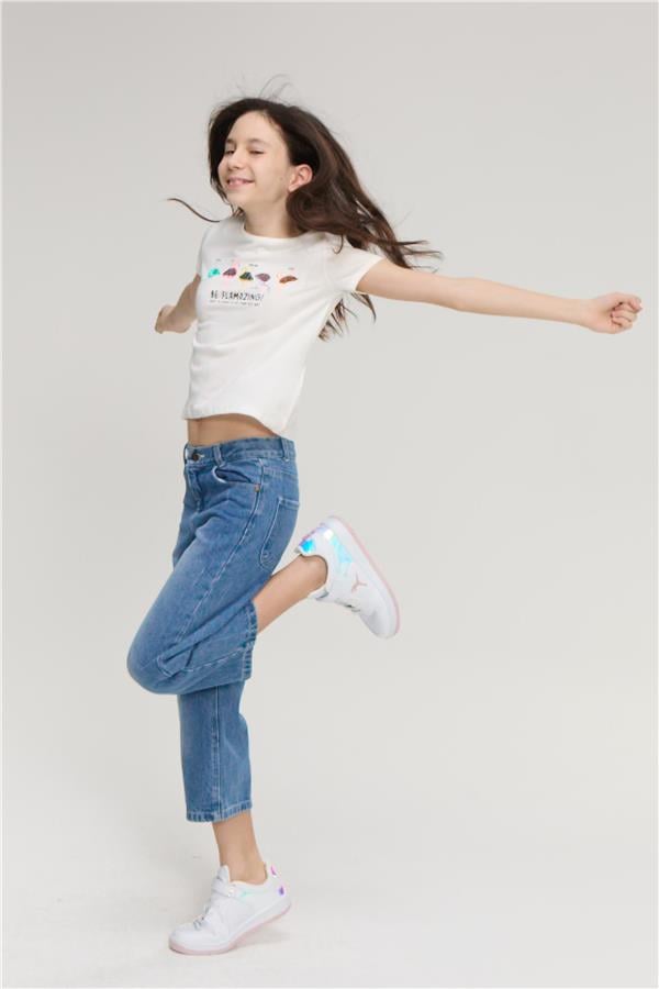 Fit Club 32501 Kız Çocuk Bisiklet Yaka Penye T-shirt 4-12 Yaş Ekru