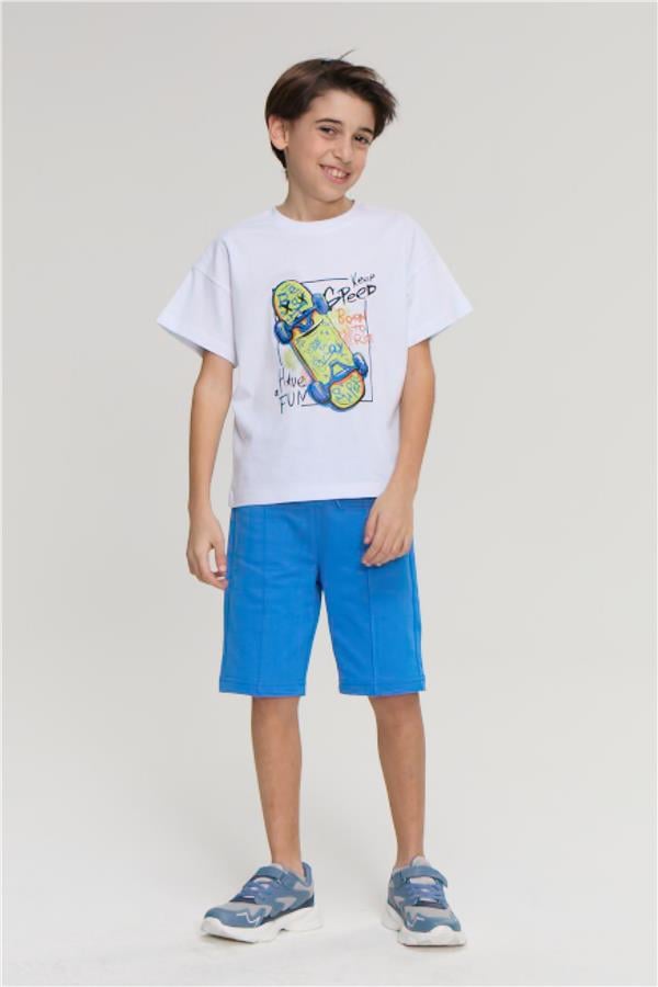 Fit Club 32514 Erkek Çocuk Bisiklet Yaka Openend Baskılı T-shirt 4-12 Yaş Beyaz