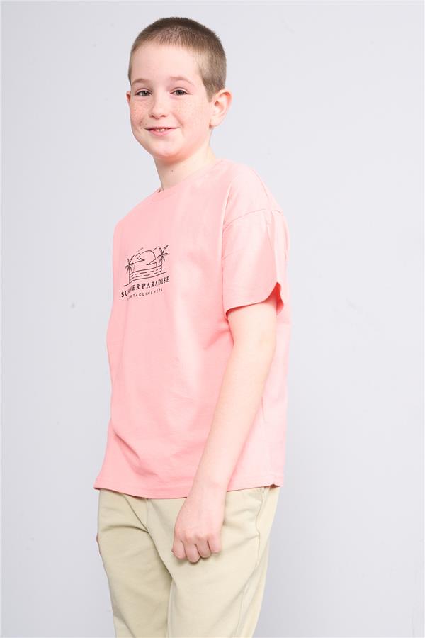 Fit Club 32516 Erkek Çocuk Bisiklet Yaka Openend Baskılı T-shirt 4-12 Yaş Açık Somon