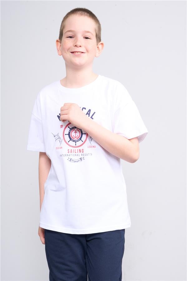 Fit Club 32532 Erkek Çocuk Bisiklet Yaka Openend Baskılı T-shirt 4-12 Yaş Beyaz