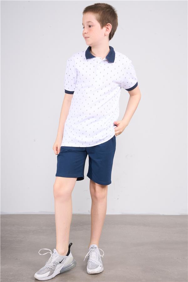 Fit Club 32534 Erkek Çocuk Polo Yaka Pike Metraj Baskılı T-shirt 4-12 Yaş Beyaz Üzeri Lacivert