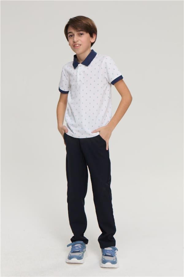 Fit Club 32534 Erkek Çocuk Polo Yaka Pike Metraj Baskılı T-shirt 4-12 Yaş Beyaz Üzeri Lacivert
