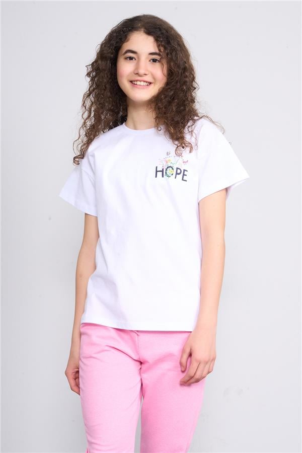 Fit Club 32550 Kız Çocuk Bisiklet Yaka Openend Baskılı T-shirt 4-12 Yaş Beyaz