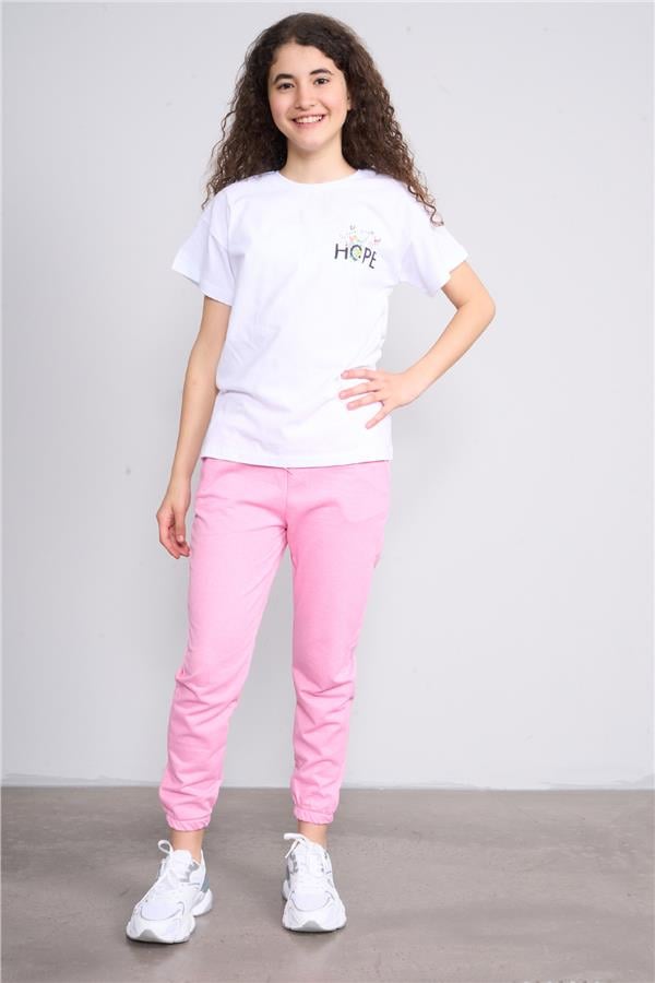 Fit Club 32550 Kız Çocuk Bisiklet Yaka Openend Baskılı T-shirt 4-12 Yaş Beyaz