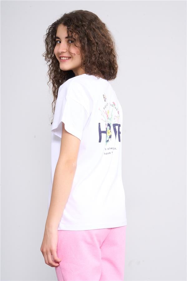 Fit Club 32550 Kız Çocuk Bisiklet Yaka Openend Baskılı T-shirt 4-12 Yaş Beyaz