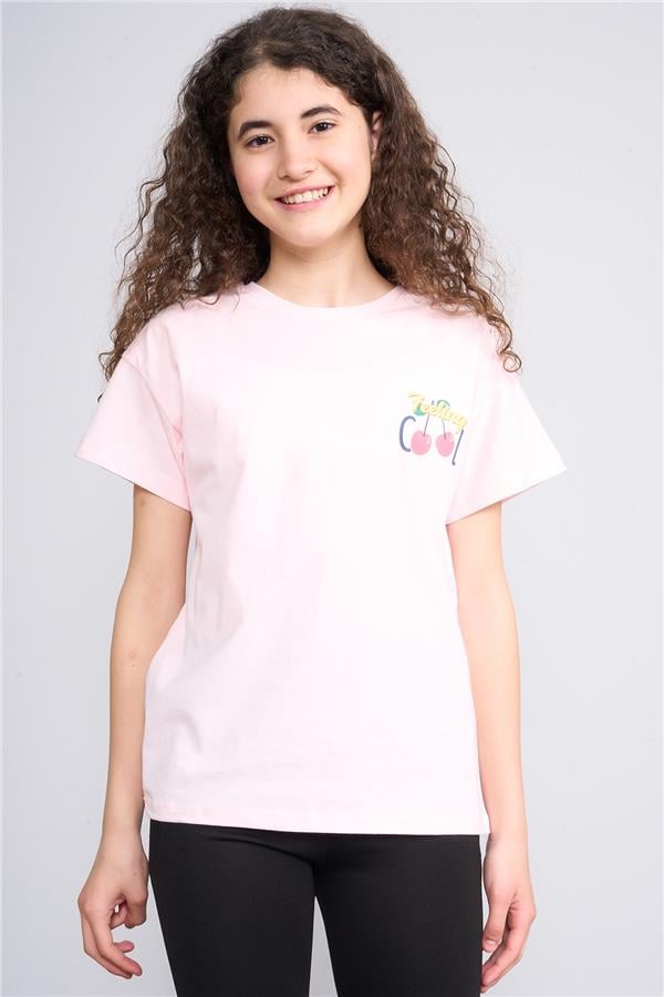 Fit Club 32552 Kız Çocuk Bisiklet Yaka Openend Baskılı T-shirt 4-12 Yaş Şerbet Pembe